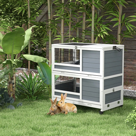 PawHut Grey Double Decker Guinea Pig Cage - Indoor Rabbit Hutch with Feeding Trough, Trays, Ramps, and Openable Top