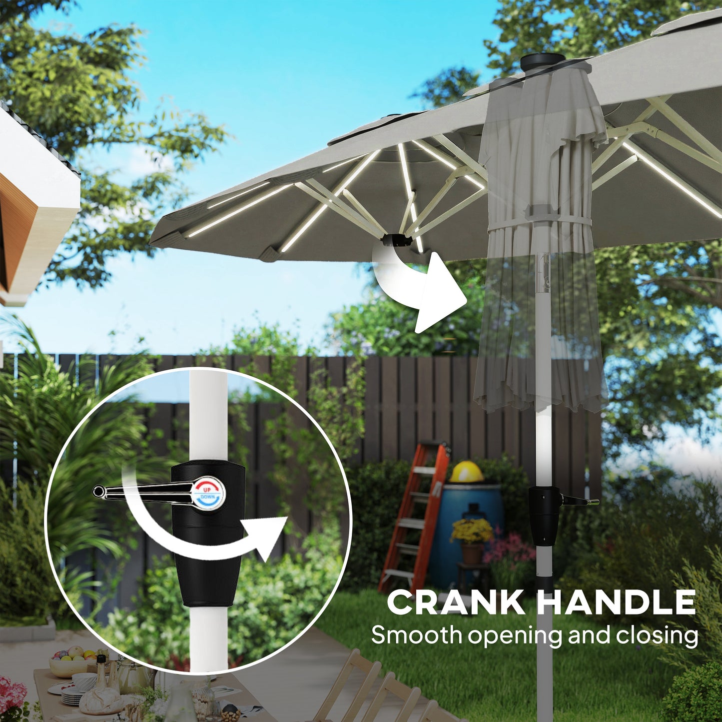 Outsunny 3m Double Sided Garden Parasol With LED Solar Lights Outdoor Extra Large Crank Handle Grey