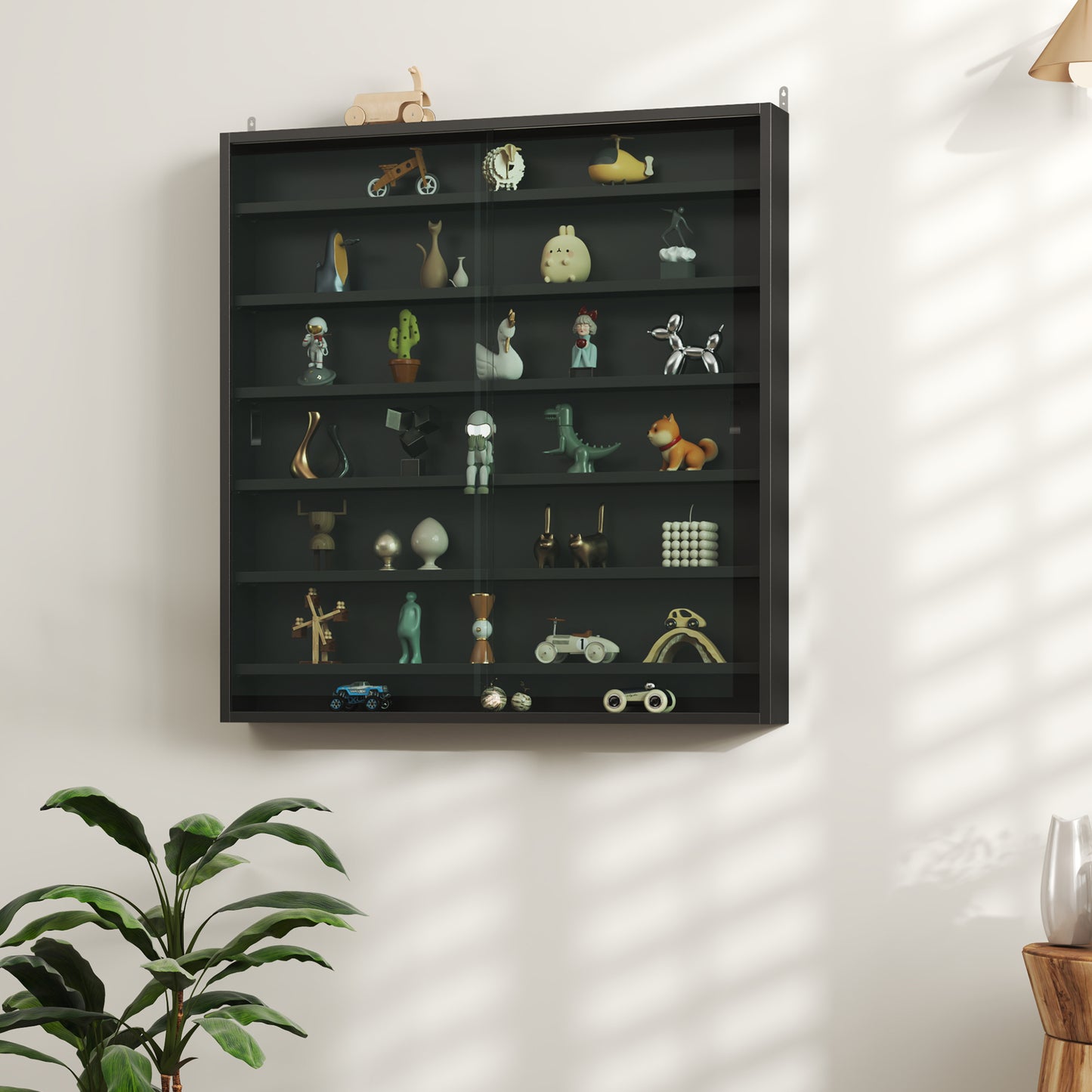 HOMCOM Six Shelf Display Cabinet With Glass Doors Black For Display And Storage Adjustable Shelves In Eleven Positions