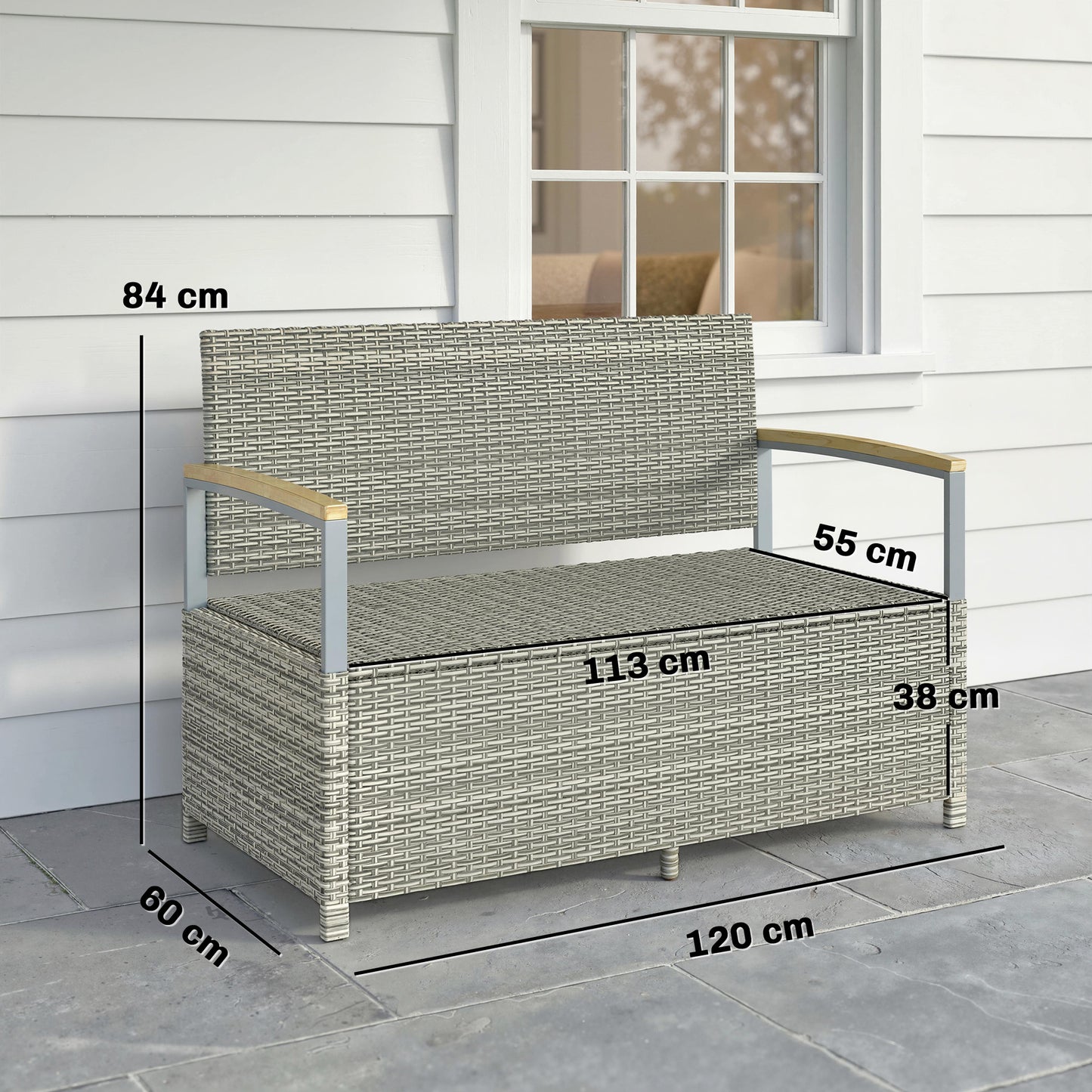 Outsunny 170 L Garden Storage Bench Zipped Liner 2 Seater Rattan With Gas Strut Cushion Light Grey