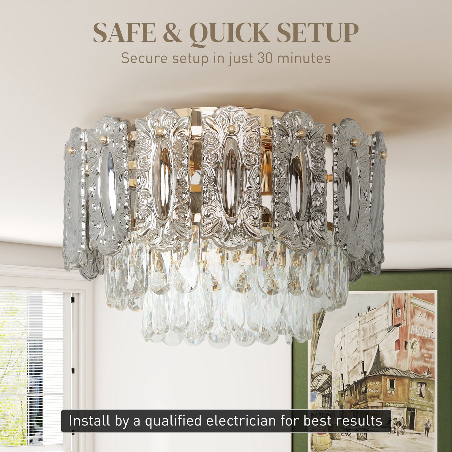 HOMCOM Chandelier Ceiling Light 3 Light Flush Mount LED Fixture With Dual Crystal And Smoke Glass Shade Gold Tone
