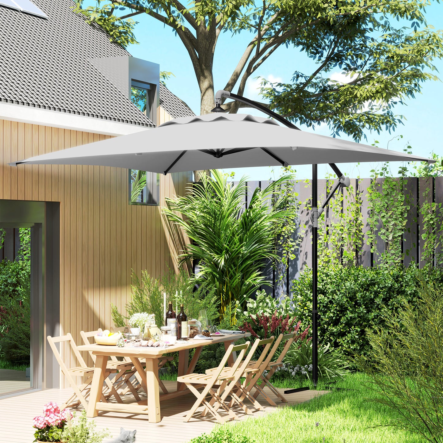 Outsunny 3m Cantilever Parasol With Cross Base Light Grey Crank Handle For Easy Opening And Closing