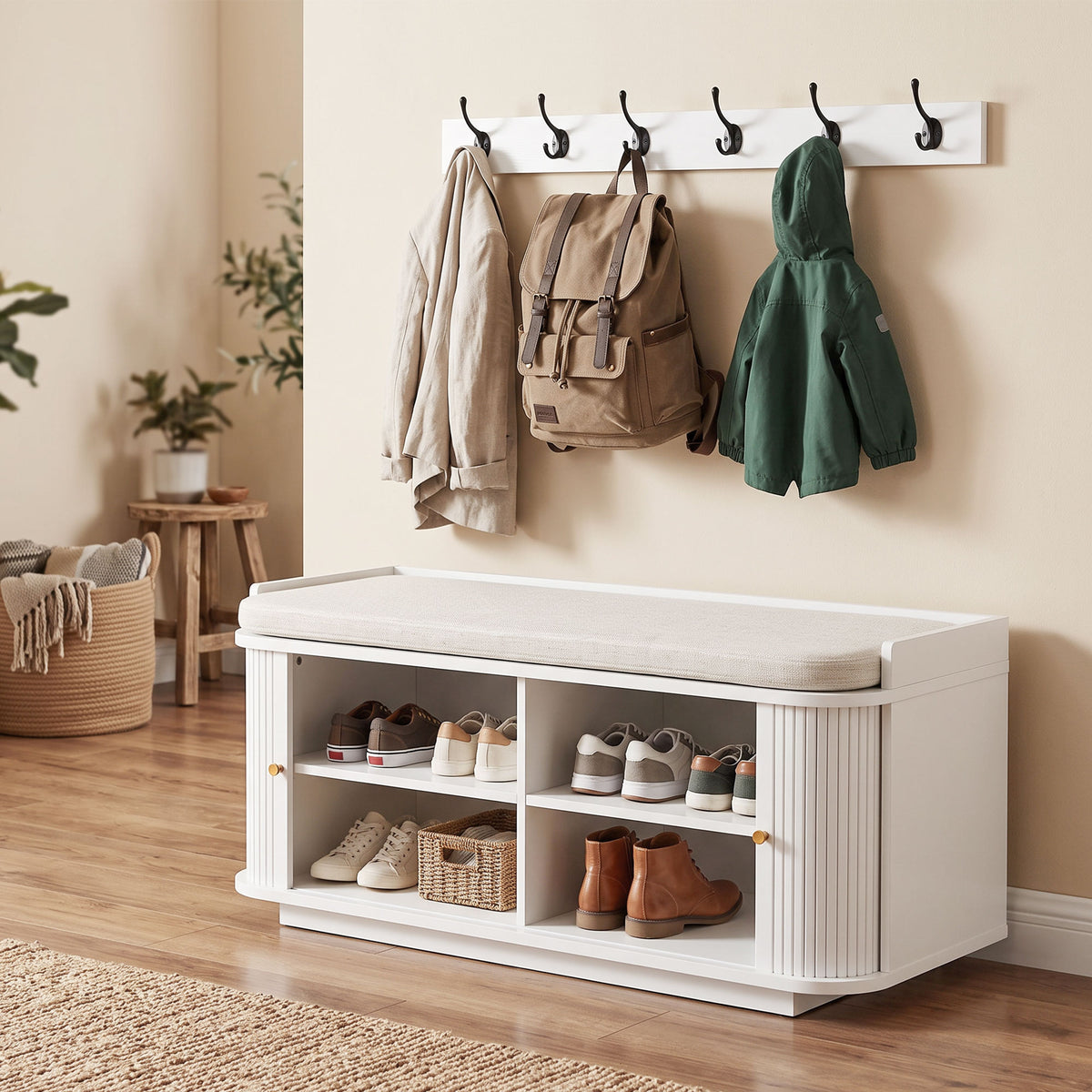 HOMCOM Hallway Storage Bench With Shoe Cabinet, Coat Rack And 5 Hooks White