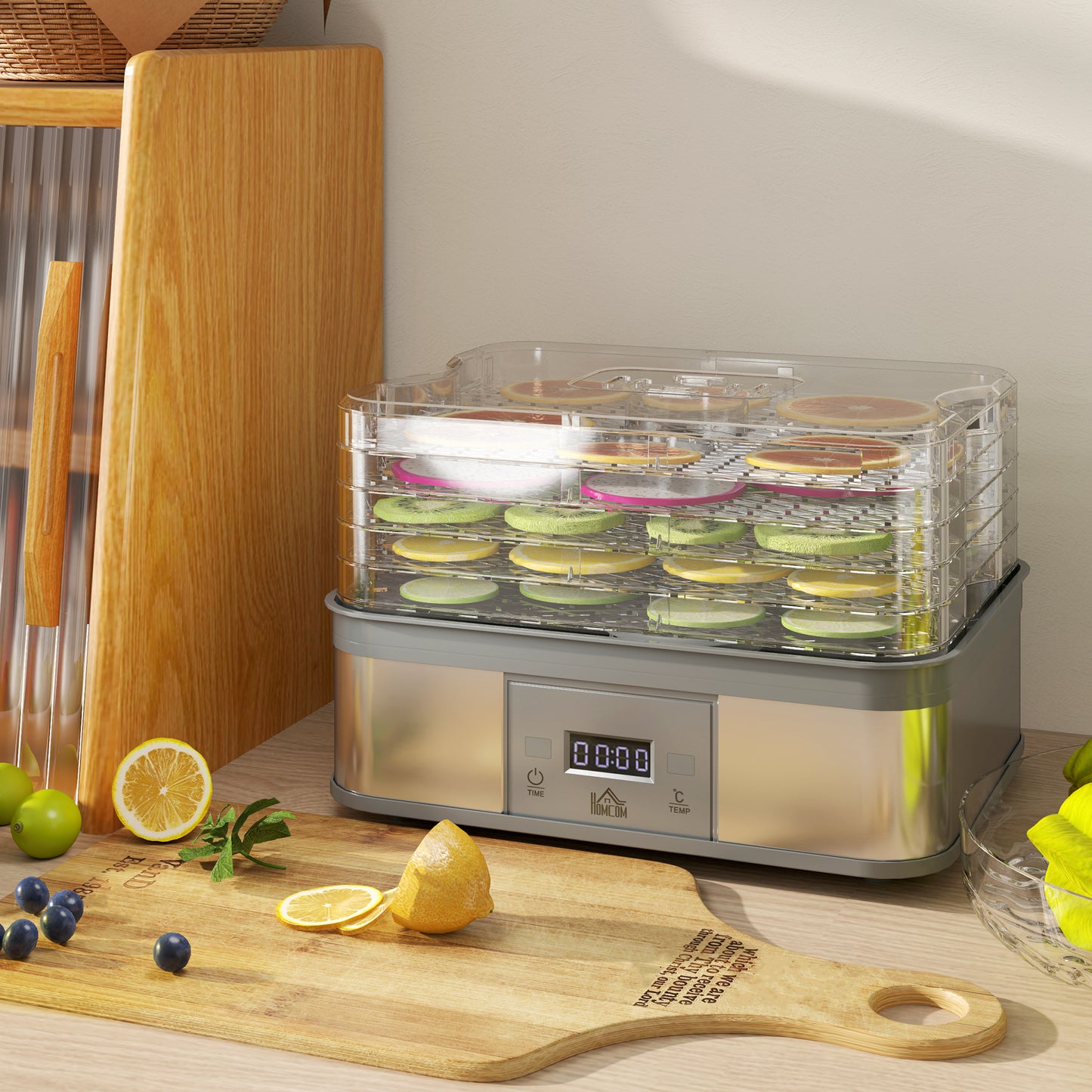 HOMCOM Stainless Steel 5-Tier Food Dehydrator with Adjustable Temperature & Timer - 245W Machine - ALL4U RETAILER LTD