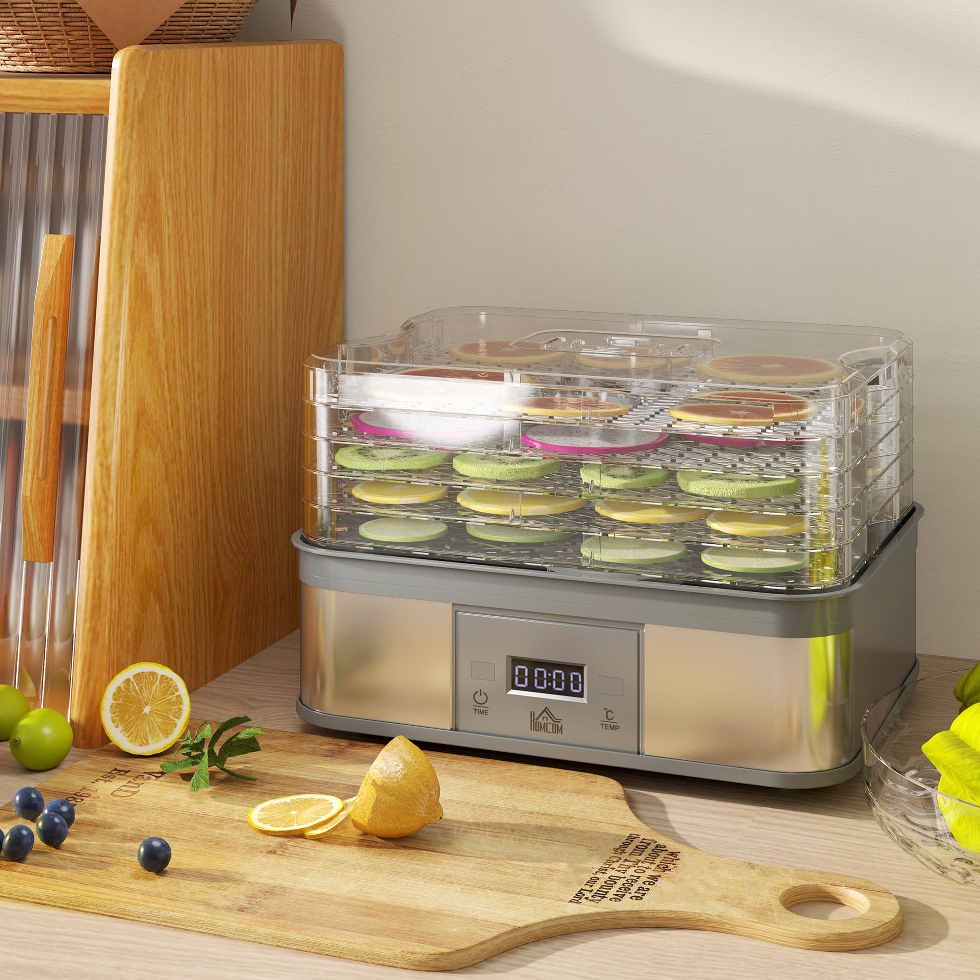 HOMCOM Stainless Steel 5-Tier Food Dehydrator with Adjustable Temperature & Timer - 245W Machine - ALL4U RETAILER LTD