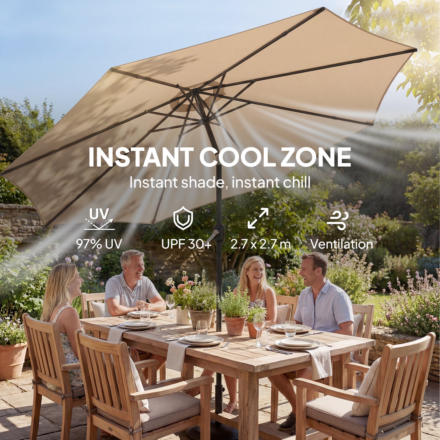 Outsunny 2.7m Garden Parasol Umbrella With Cross Base And Sandbag Retractable Ribs Outdoor Table Market Umbrella Khaki