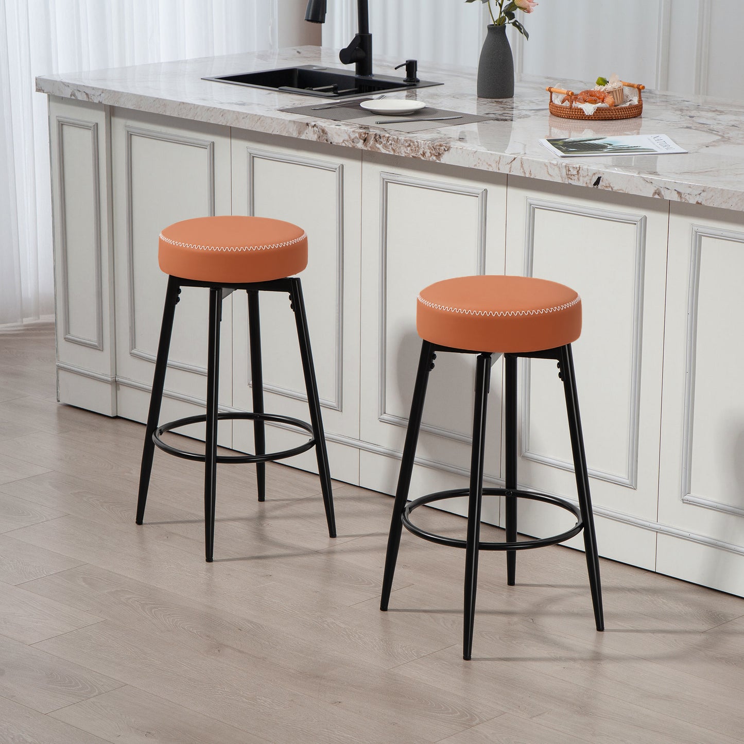 HOMCOM Set of Two Faux Leather Bar Stools Brown and Black Cushioned Seats with White Edge Stitching