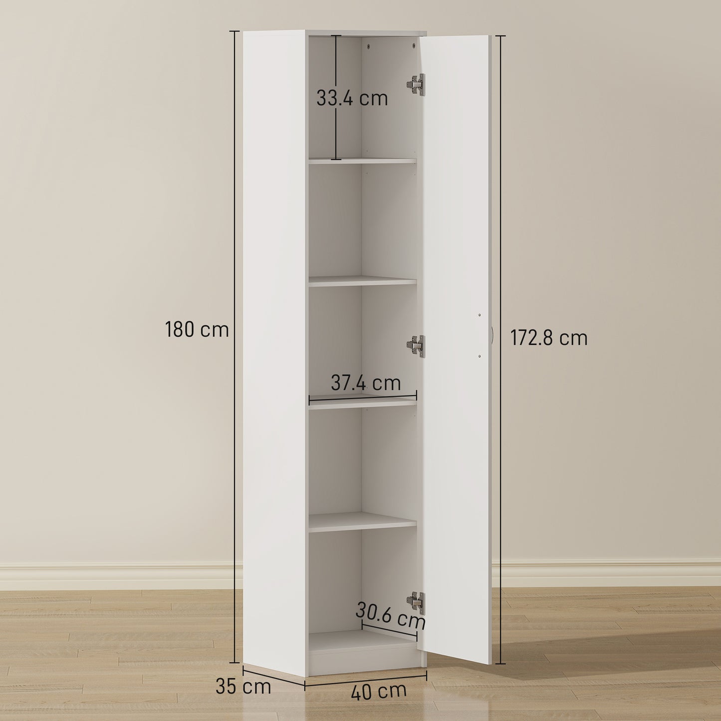 HOMCOM 180cm Tall Kitchen Cupboard Freestanding 5 Tier Pantry Storage Cabinet With Adjustable Shelves White