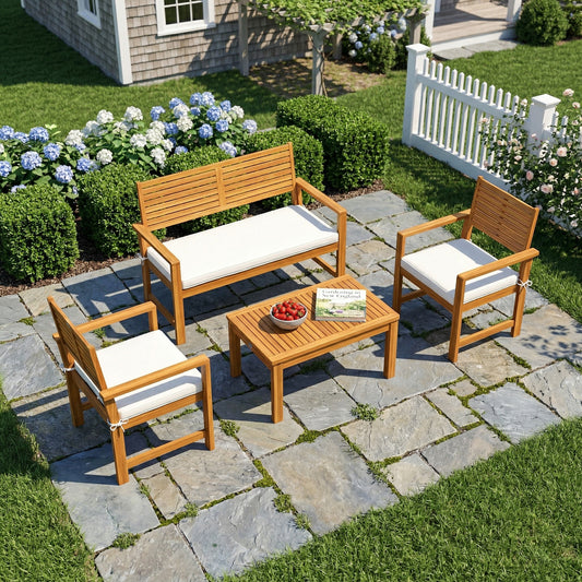 Outsunny 4 Seater Wooden Garden Furniture Set With Loveseat Armchairs And Table In Acacia Wood Cream White