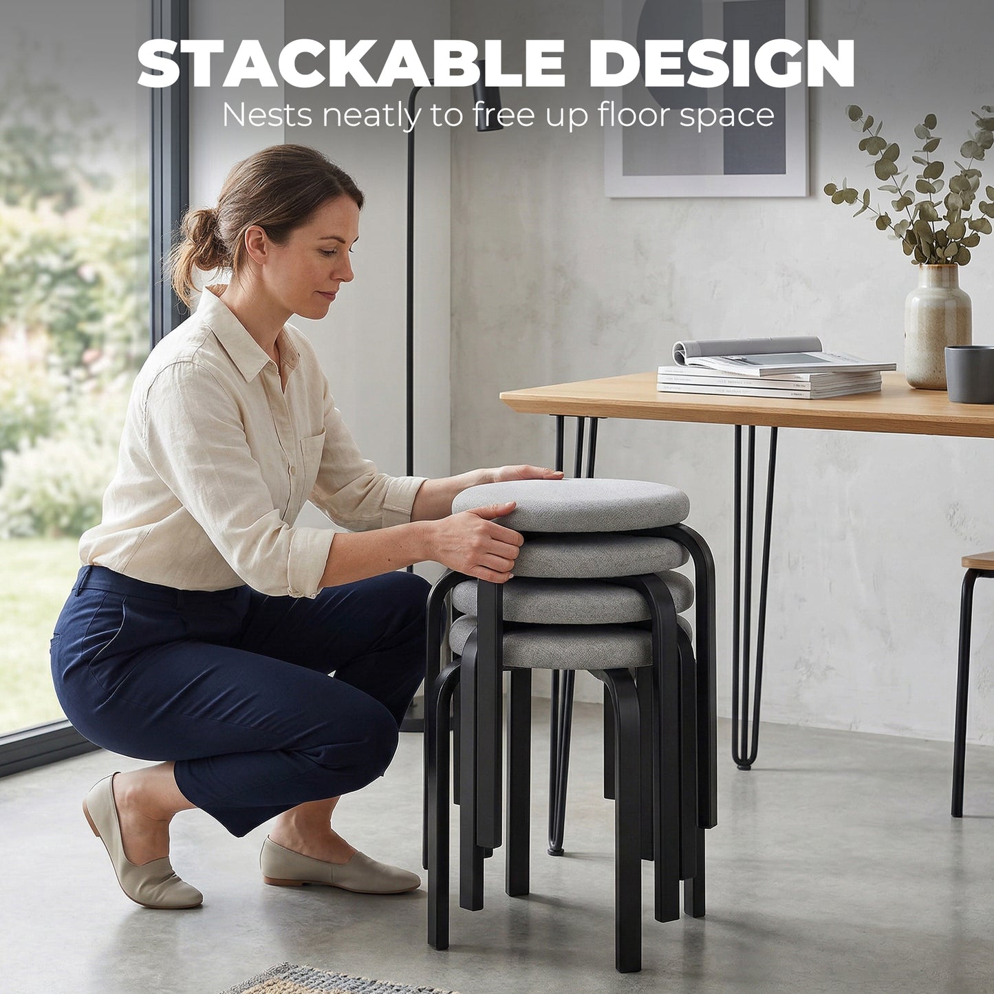HOMCOM Stackable Cushioned Round Backless Stools Set of 4 Grey for Kitchen and Dining Room