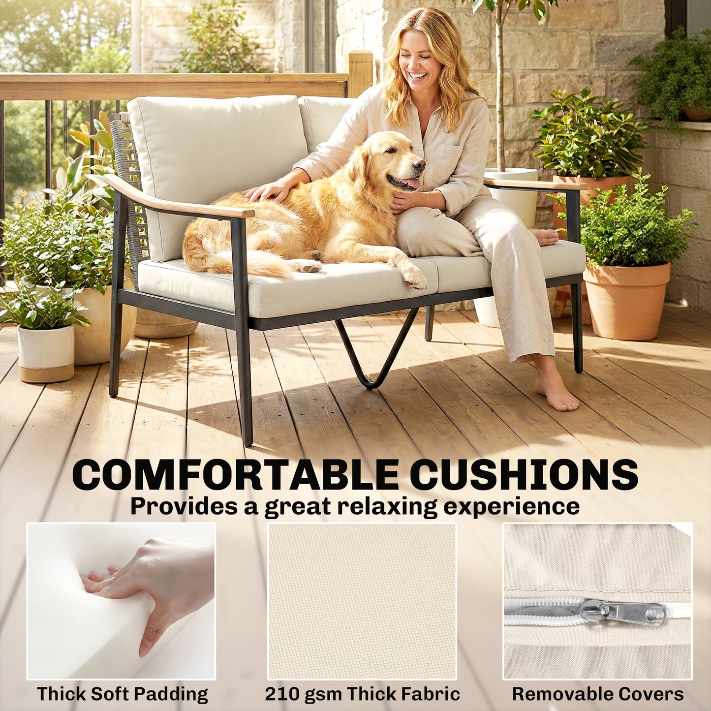 Outsunny 2 Seater Rattan Sofa Outdoor Garden Sofa With Wood Effect Armrests Cushions For Patio Balcony Khaki