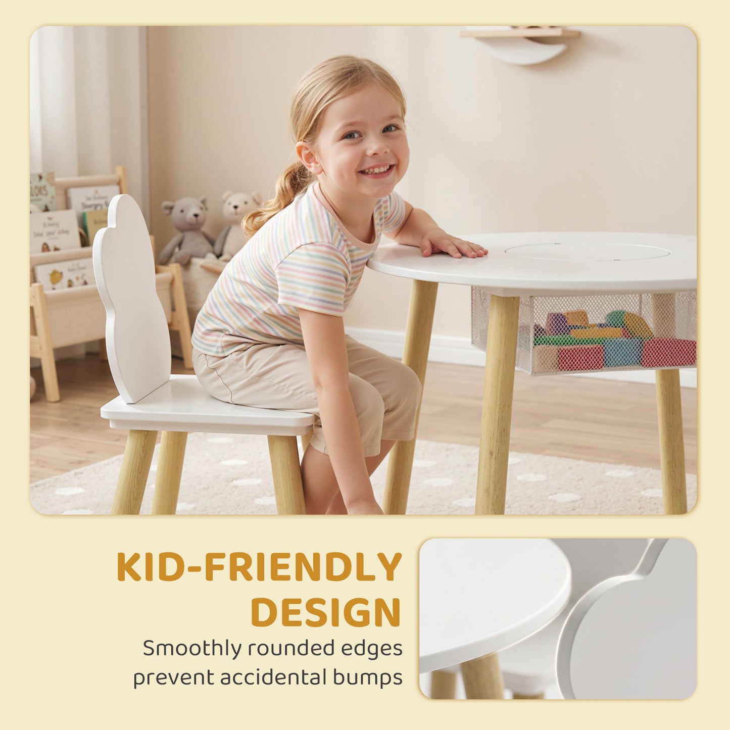 AIYAPLAY Kids Toddler Table and Chairs Set With Storage Bag 3 Piece for Playroom White Durable