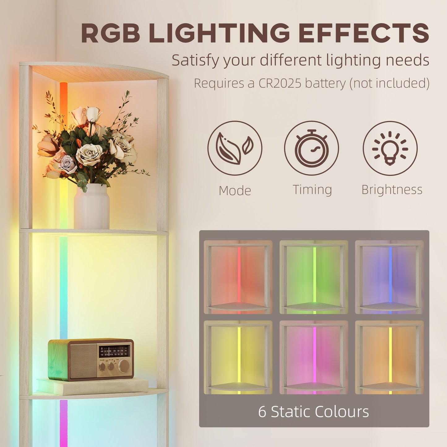 HOMCOM RGB LED Floor Lamp With Shelves Oak Finish 4 Tier Dimmable Standing Lamp With Remote Control