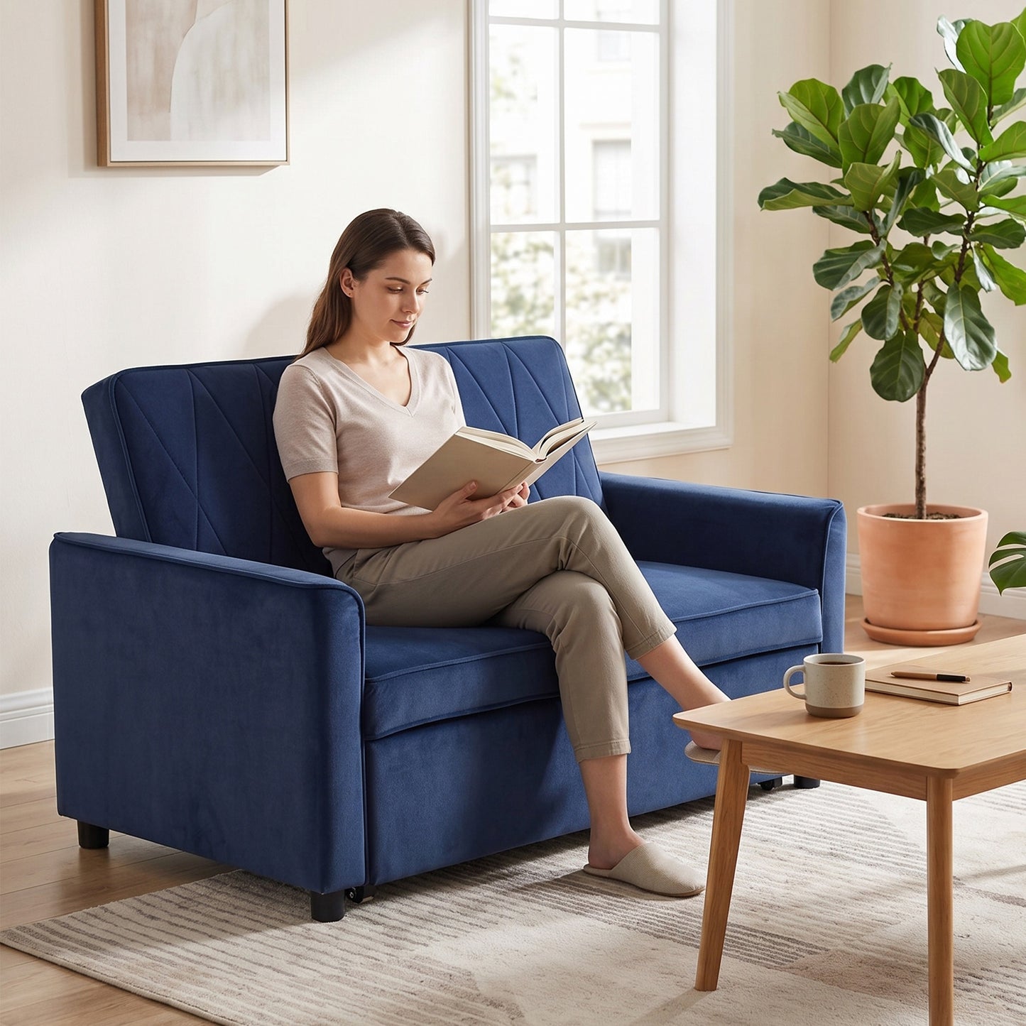 HOMCOM 2 Seater Sofa Bed 3 In 1 Convertible Pull Out Sleeper Sofa With Clik Clack Adjustable Backrest Dark Blue Velvet