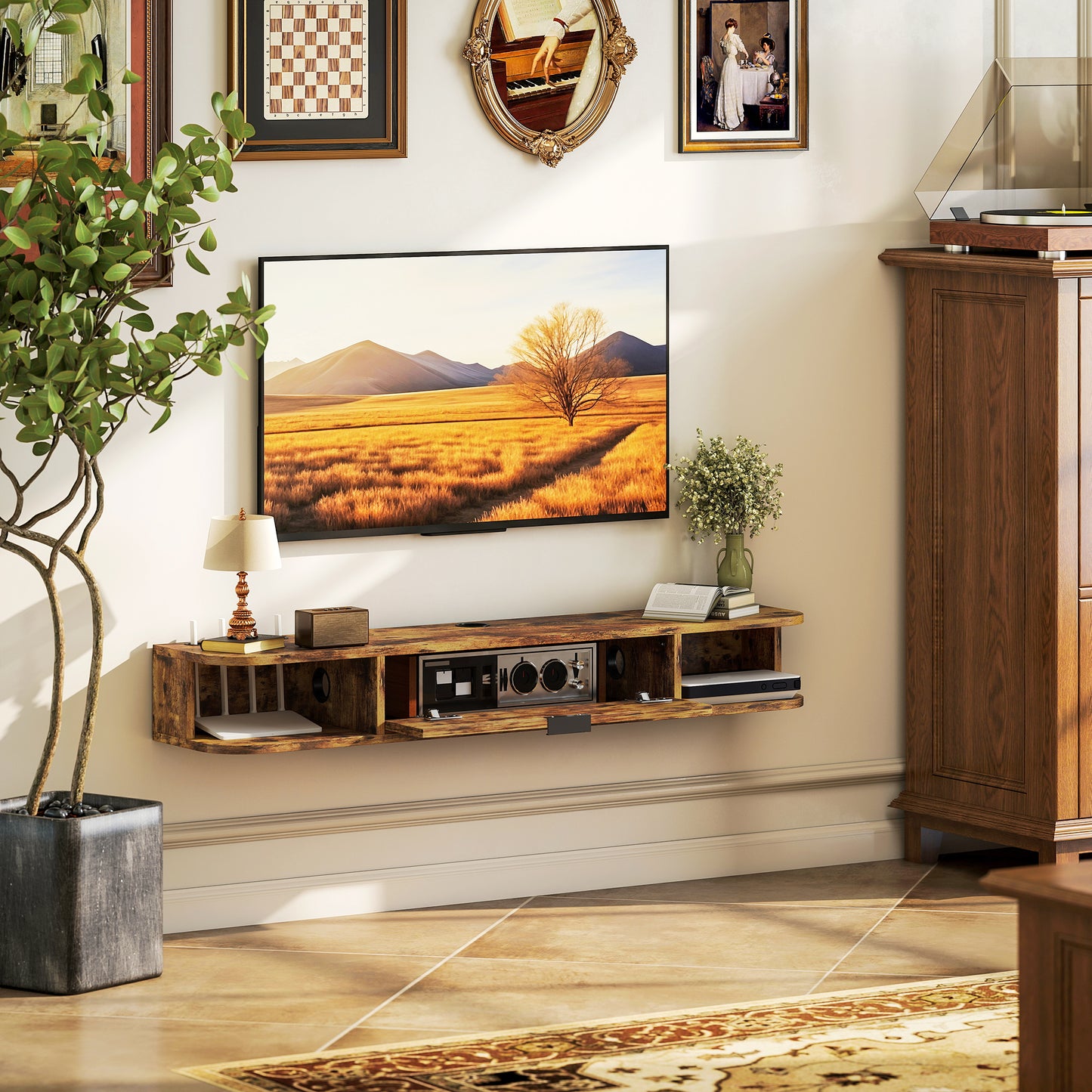 HOMCOM 120 Cm Floating TV Unit for Up To 50 Inch TVs Rustic Brown Wall Mount Cabinet with Concealed Cables and Drawer