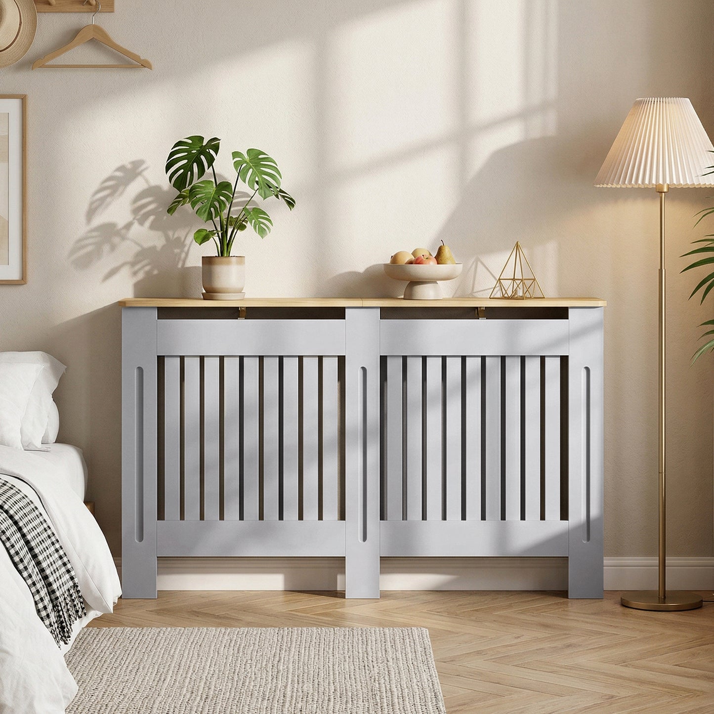 HOMCOM Slatted Radiator Cover Painted Cabinet with Line Grill Design 152L x 19W x 81H cm Grey