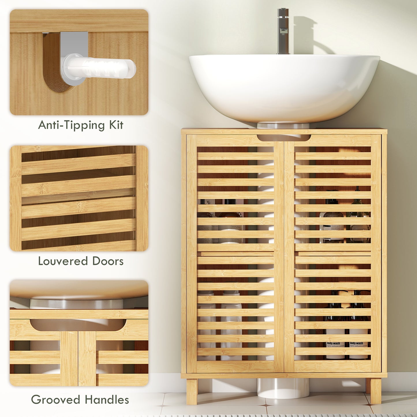 HOMCOM Under Sink Bathroom Cabinet Freestanding Bamboo Cabinet With Louvered Doors Adjustable Shelf Natural Finish