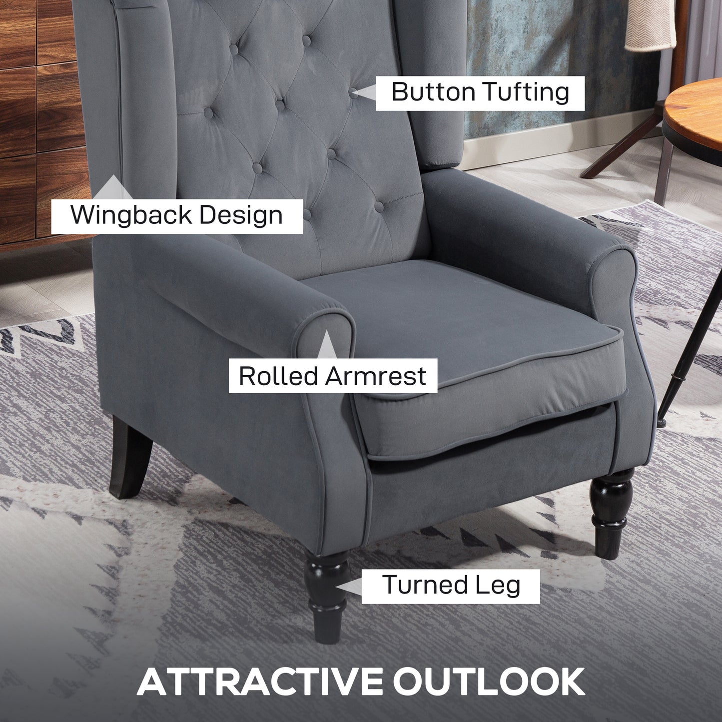 Homcom Wingback Accent Chair Grey Retro Upholstered Button Tufted Occasional Chair For Living Room And Bedroom