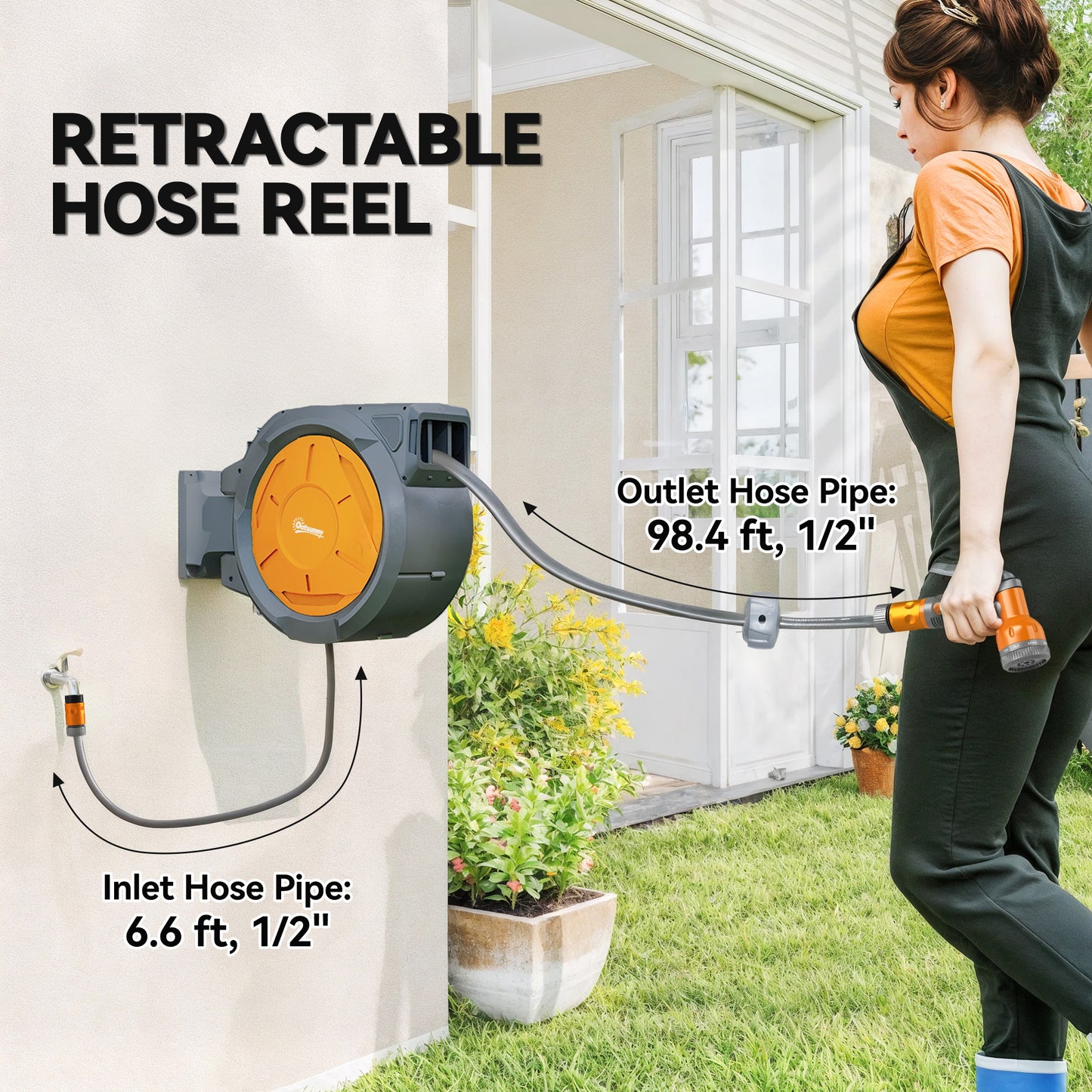 Outsunny Retractable Hose Reel Wall Mounted 32m Hose With Lock Auto Rewind 180 Degree Swivel 7 In 1 Spray Nozzle Orange