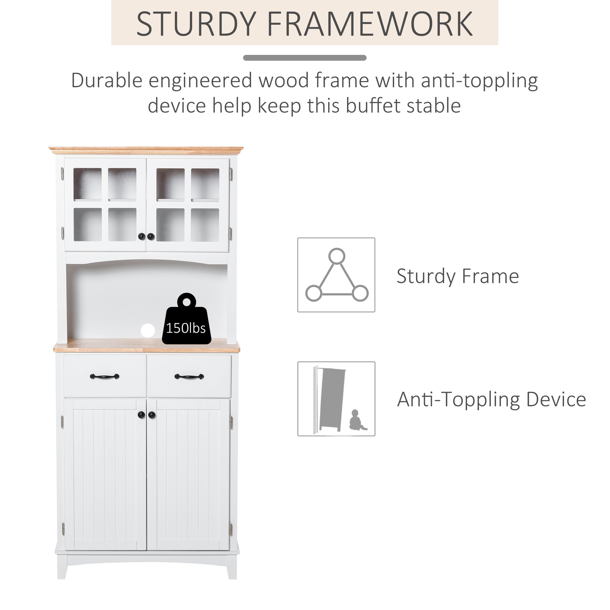 HOMCOM Stylish White Kitchen Storage Cabinet with Glass Doors, Drawers, and Microwave Stand - ALL4U RETAILER LTD