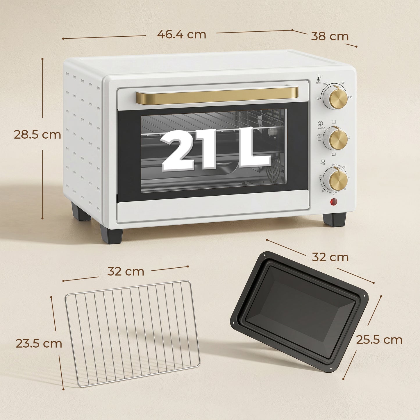 HOMCOM 21L Mini Countertop Oven With Removable Rack And Tray Adjustable Temperature 100 To 230 Celsius White