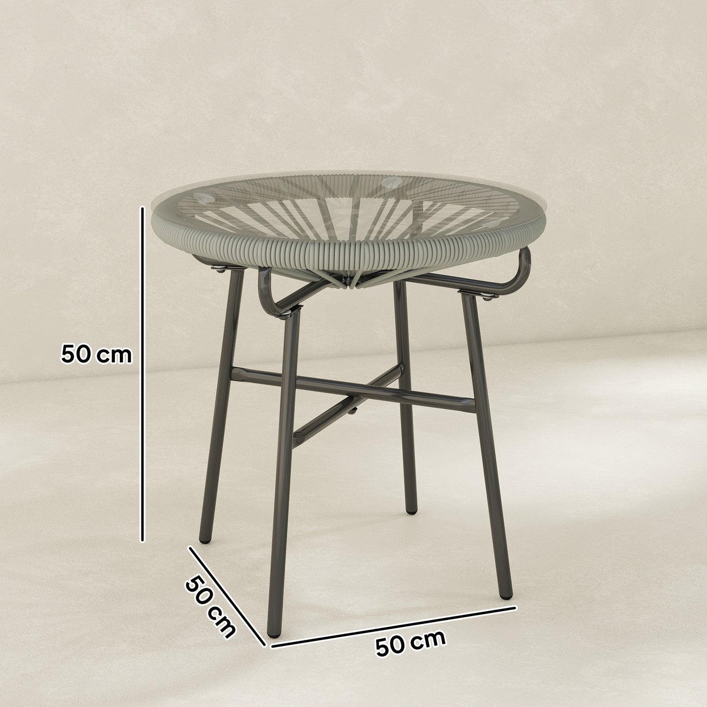 Outsunny Rattan Side Table Round Outdoor Coffee Table With PE Rattan And Tempered Glass Tabletop Light Grey
