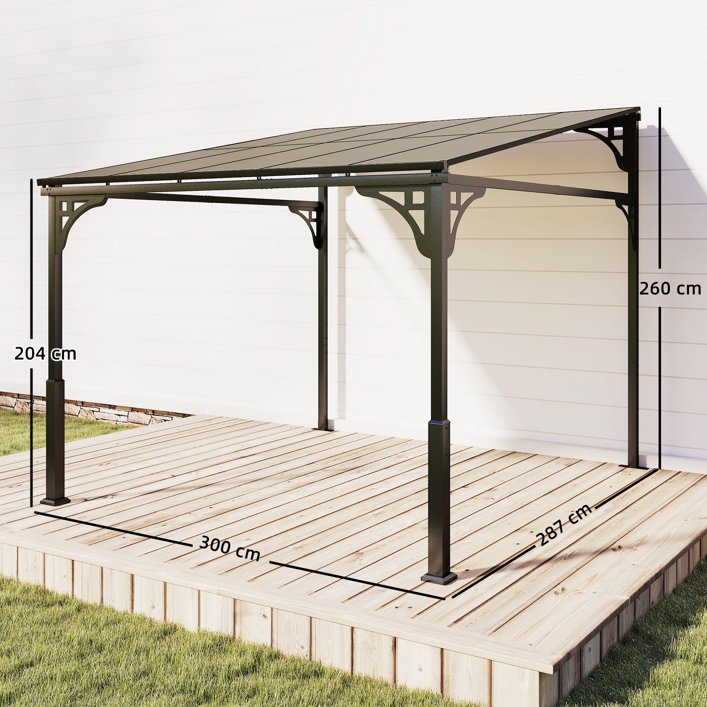 Outsunny 3 x 2.87 m Wall Mounted Lean To Garden Pergola With Polycarbonate Roof And Galvanized Metal Frame