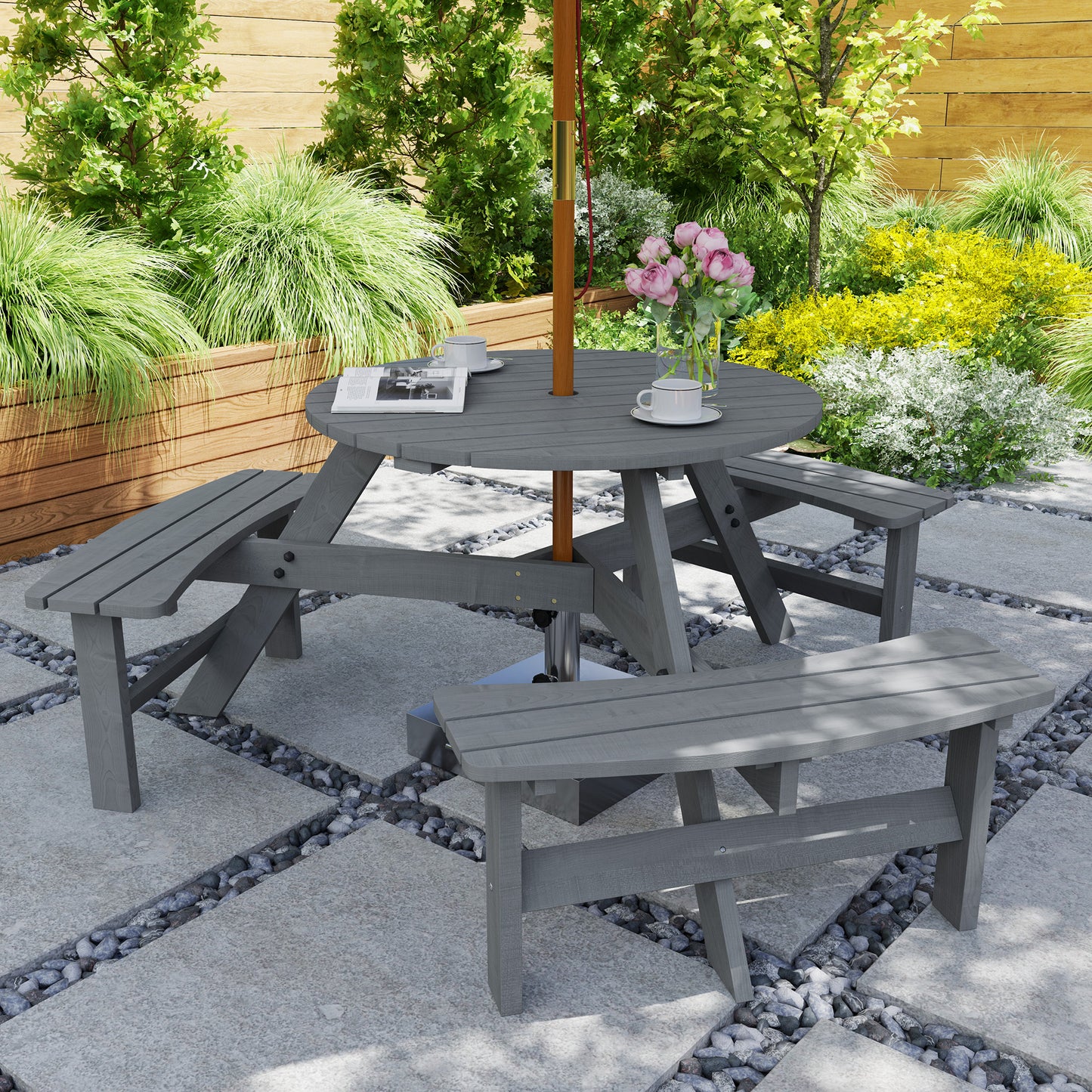 Outsunny Wooden Garden Dining Set 6 Seater Round Table With Matching Bench Parasol Hole Grey Outdoor Patio