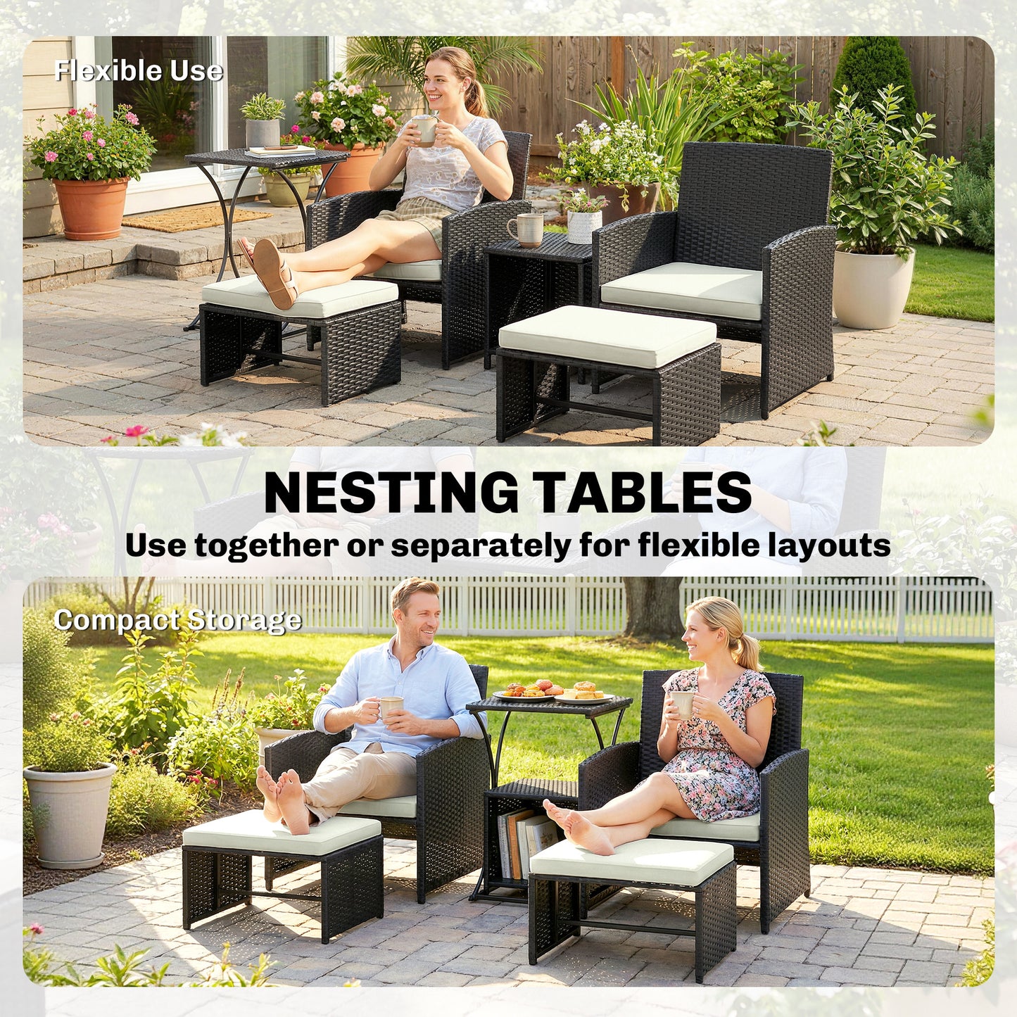 Outsunny 6 Piece Rattan Garden Furniture Set Space Saving Patio With Nesting Tables Chairs Stools Cushions Black