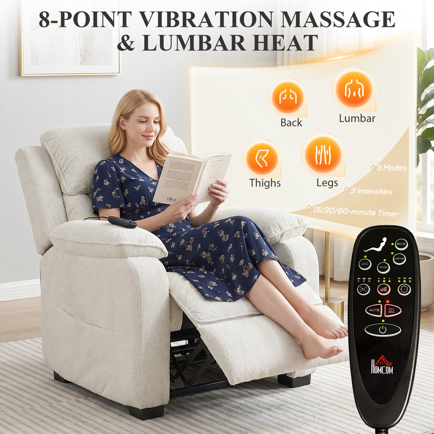 HOMCOM Power Recliner Armchair With Massage And Heat Electric Reclining Chair With Wide Spring Seat Cream White