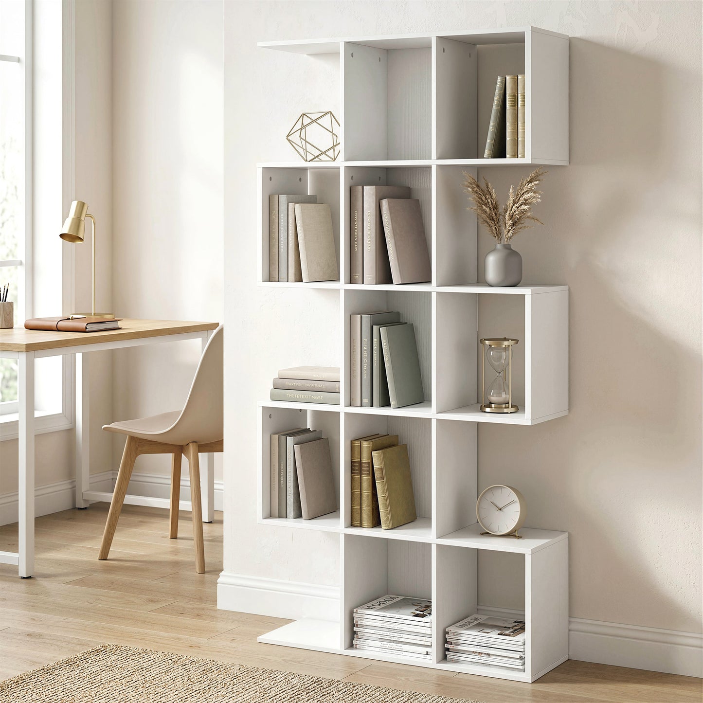 HOMCOM 5 Tier S Shaped Geometric Bookcase With 15 Compartments White Wood Effect Bookshelf