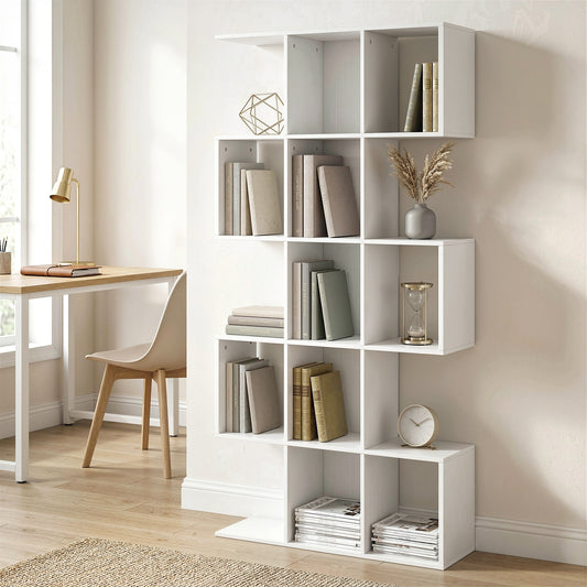 HOMCOM 5 Tier S Shaped Geometric Bookcase With 15 Compartments White Wood Effect Bookshelf