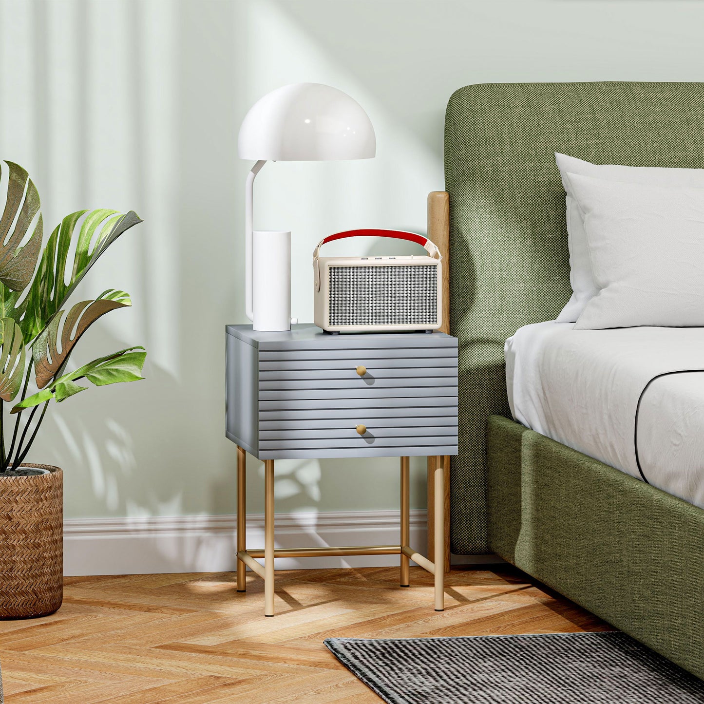 HOMCOM Set Of Two Elegant Bedside Tables With Grey Boxy Frames And Gold Tone Accents Having Two Drawers