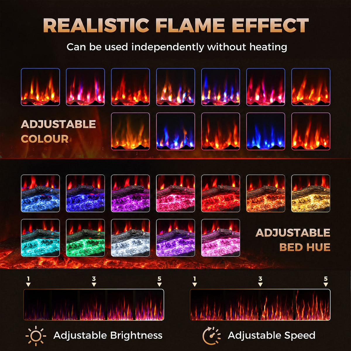 Electric fireplace flame color options with adjustable brightness, speed, and bed hue.