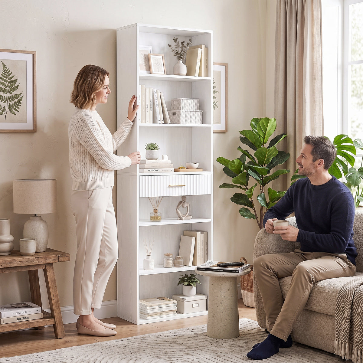 Homcom Tall Narrow Bookshelf With Drawer 7 Tier White Storage Rack