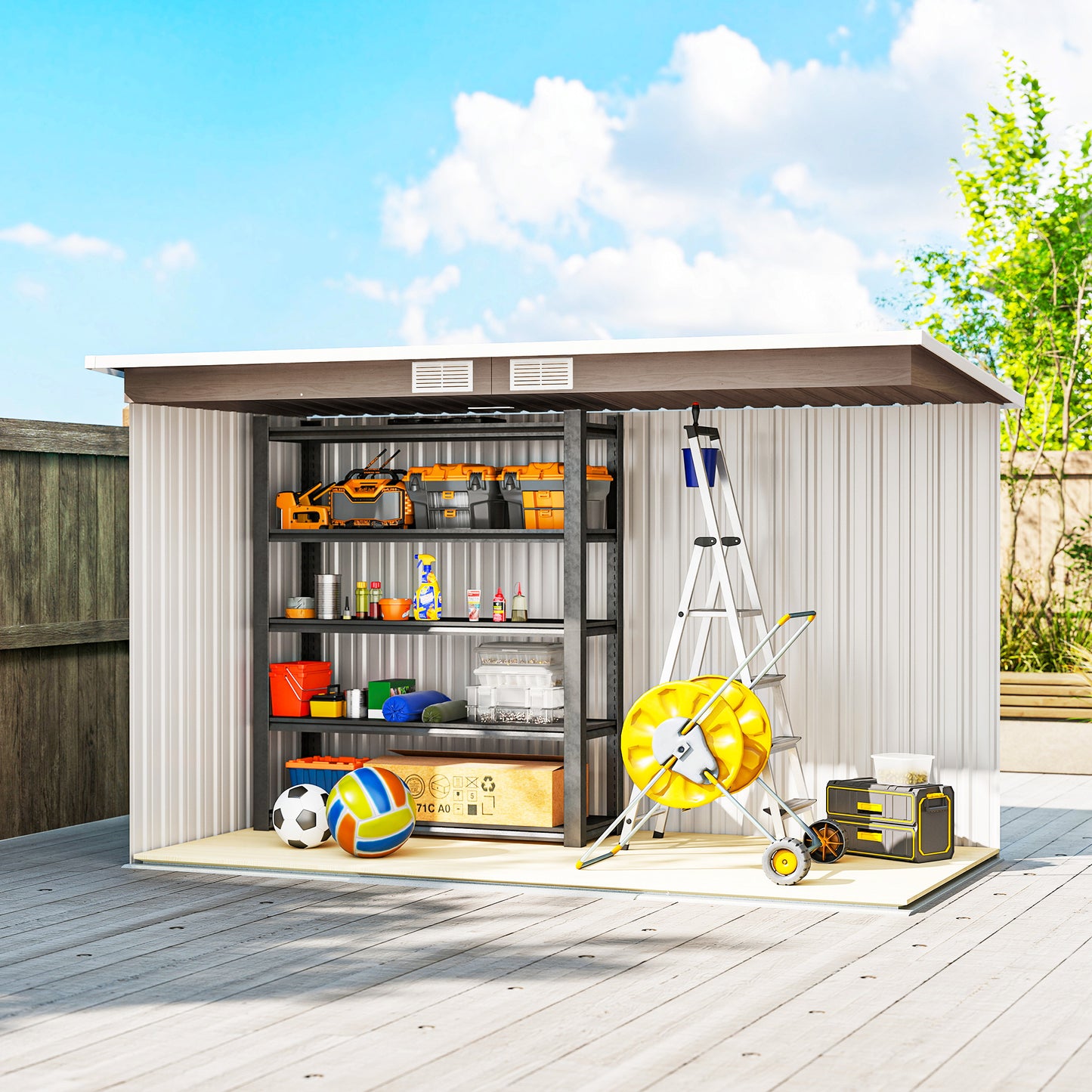 Outsunny 4x9 ft Metal Shed With Foundation Brown Outdoor Garden Tool Storage Shed