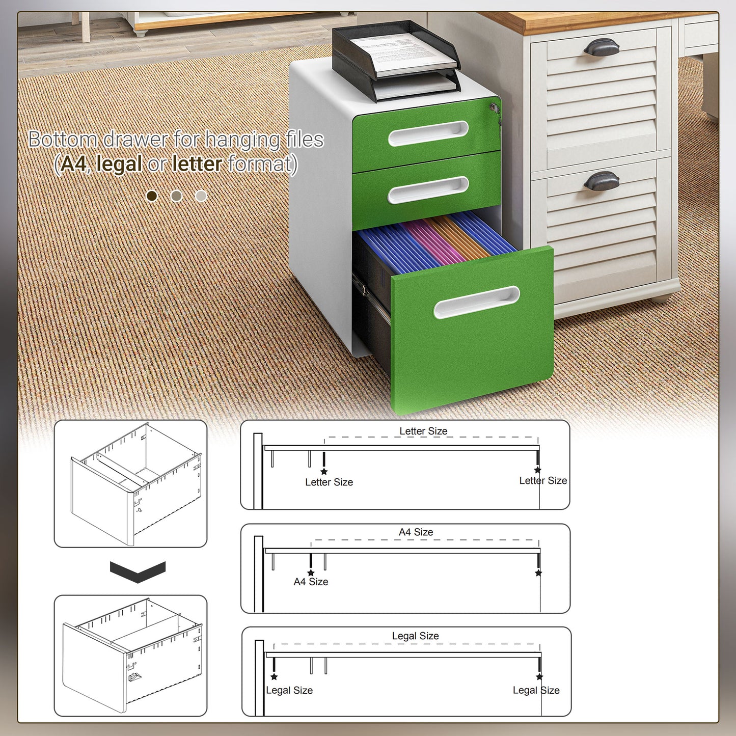 Vinsetto Green 3 Drawer Lockable Steel Filing Cabinet on Wheels for A4, Letter, and Legal Files - ALL4U RETAILER LTD