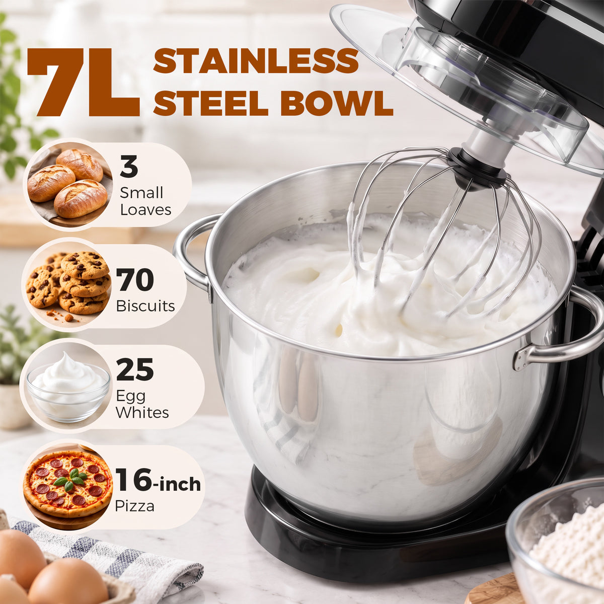 Stand mixer with 7 L stainless steel bowl and whisk whipping mixture