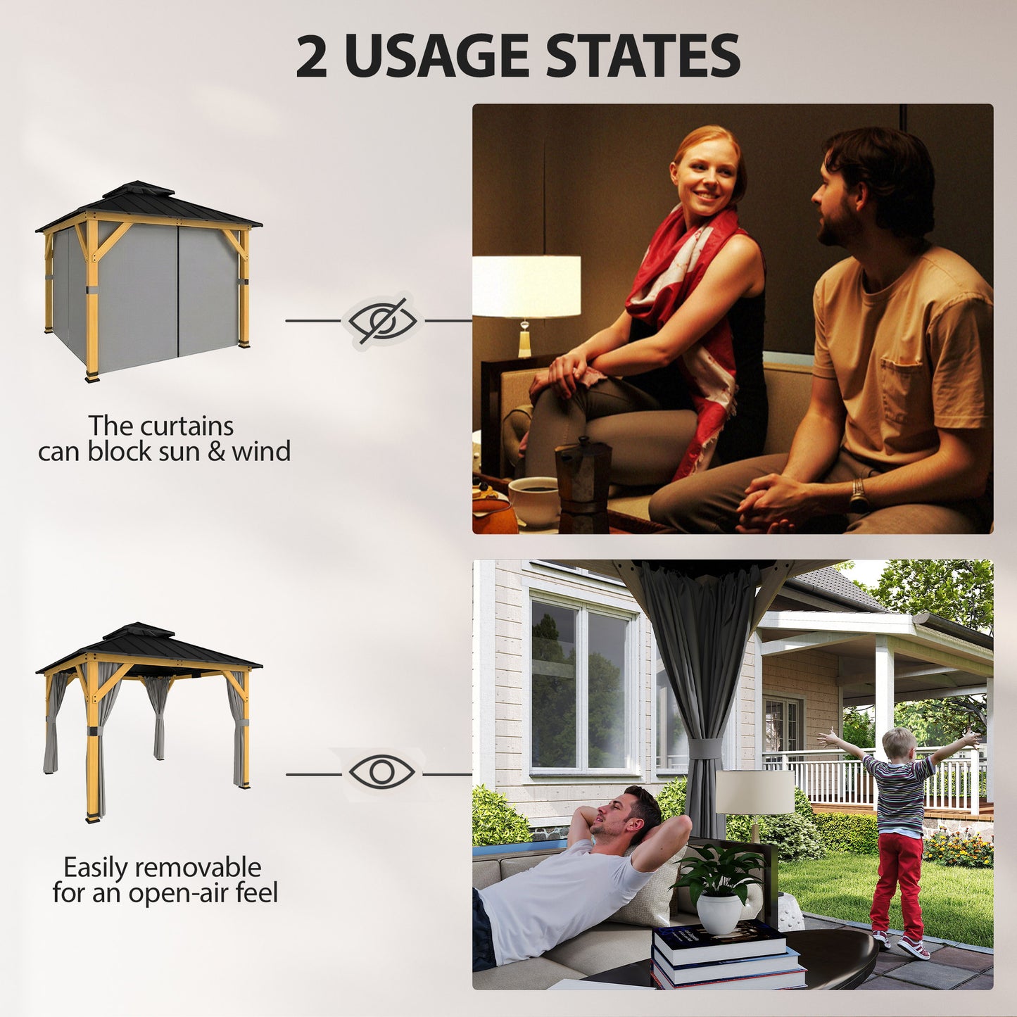 Outsunny 3m x 3m Hardtop Gazebo With Curtains Wood Garden Grey 2 Tier Steel Roof Rainproof Sun Protection UPF50