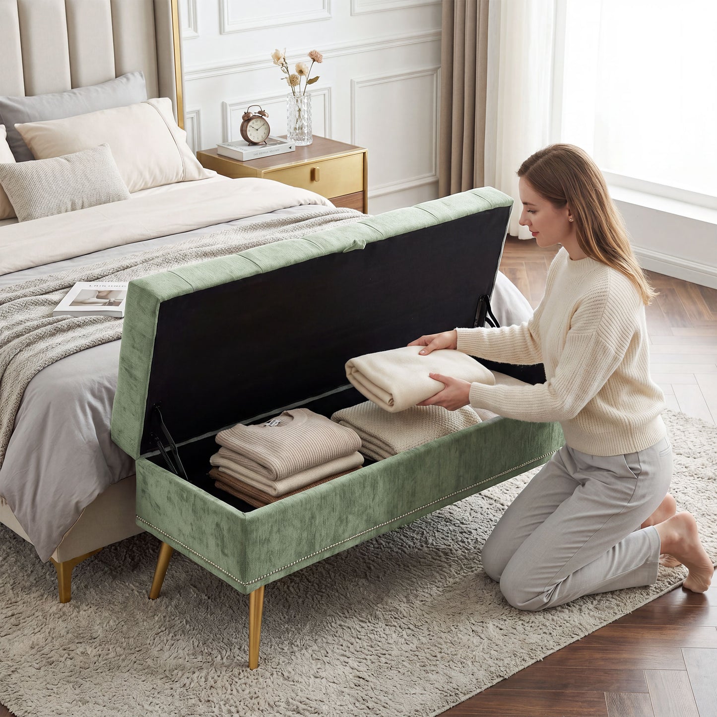 HOMCOM Storage Ottoman Chenille Upholstered Box With Padded Seat And Metal Legs Light Green 114x41x45 cm