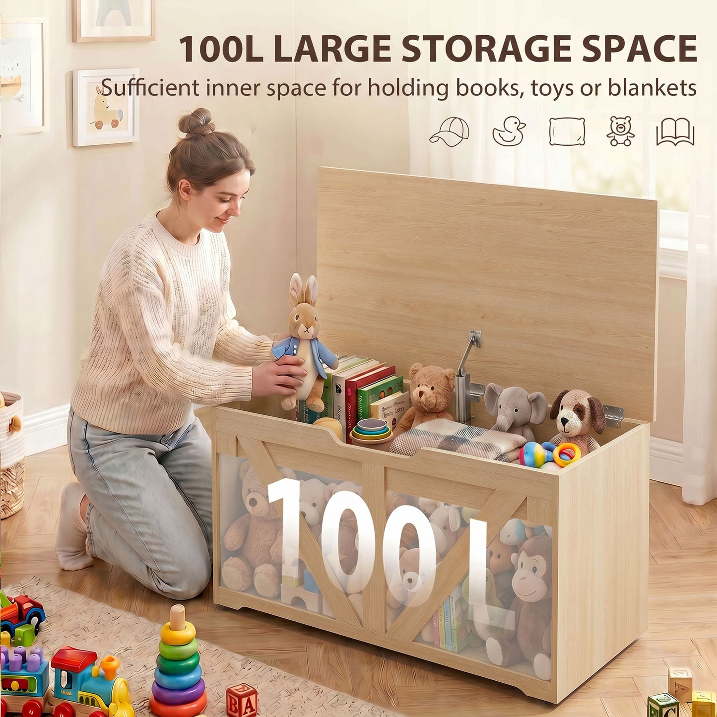 HOMCOM 100L Home Storage Box With Safety Hinge Nature Wood Finish Durable Seat Storage Chest Bench