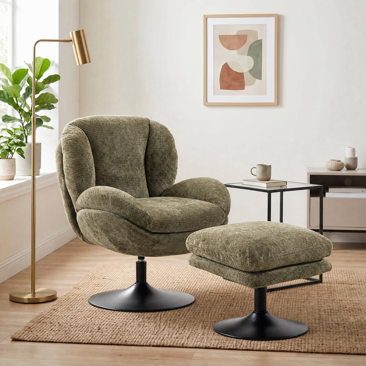 HOMCOM Modern Chenille 360 Degree Swivel Accent Chair With Ottoman Dark Green