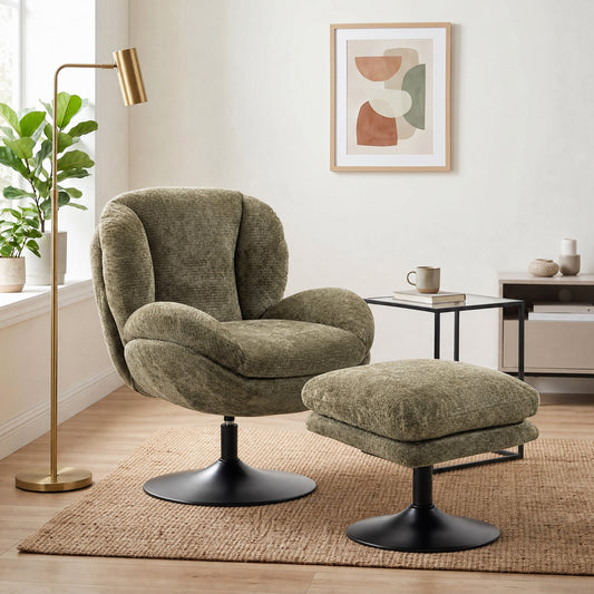 HOMCOM Modern Chenille 360 Degree Swivel Accent Chair With Ottoman Dark Green
