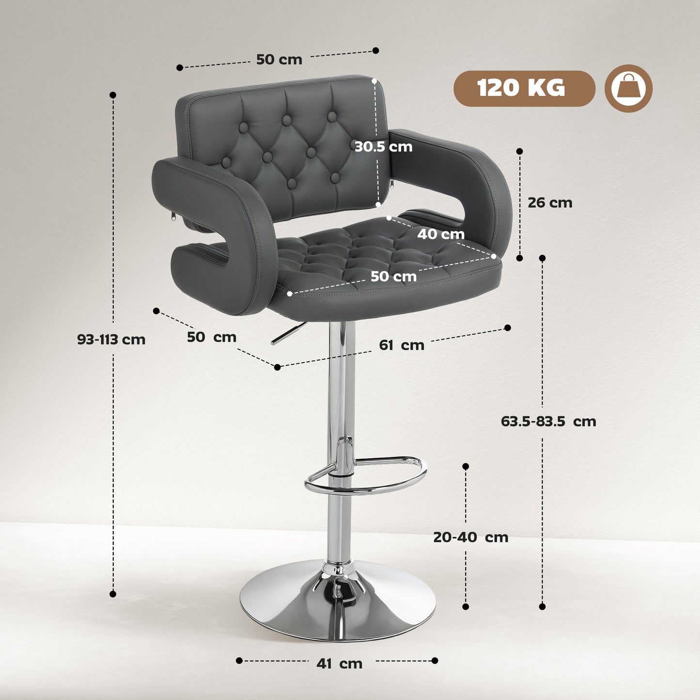 HOMCOM PU Leather Upholstered Swivel Bar Stool With Height Adjustable Backrest Armrests Footrest Grey