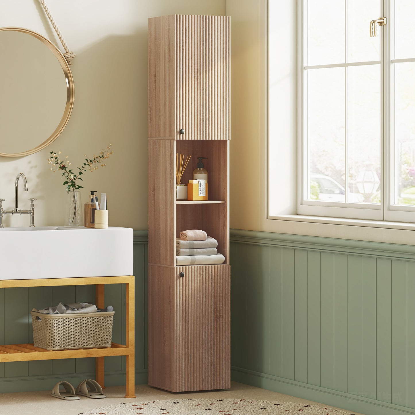 HOMCOM 6 Tier Tall Bathroom Cabinet Slim Space Saving Narrow Storage with Adjustable Shelves Natural Finish