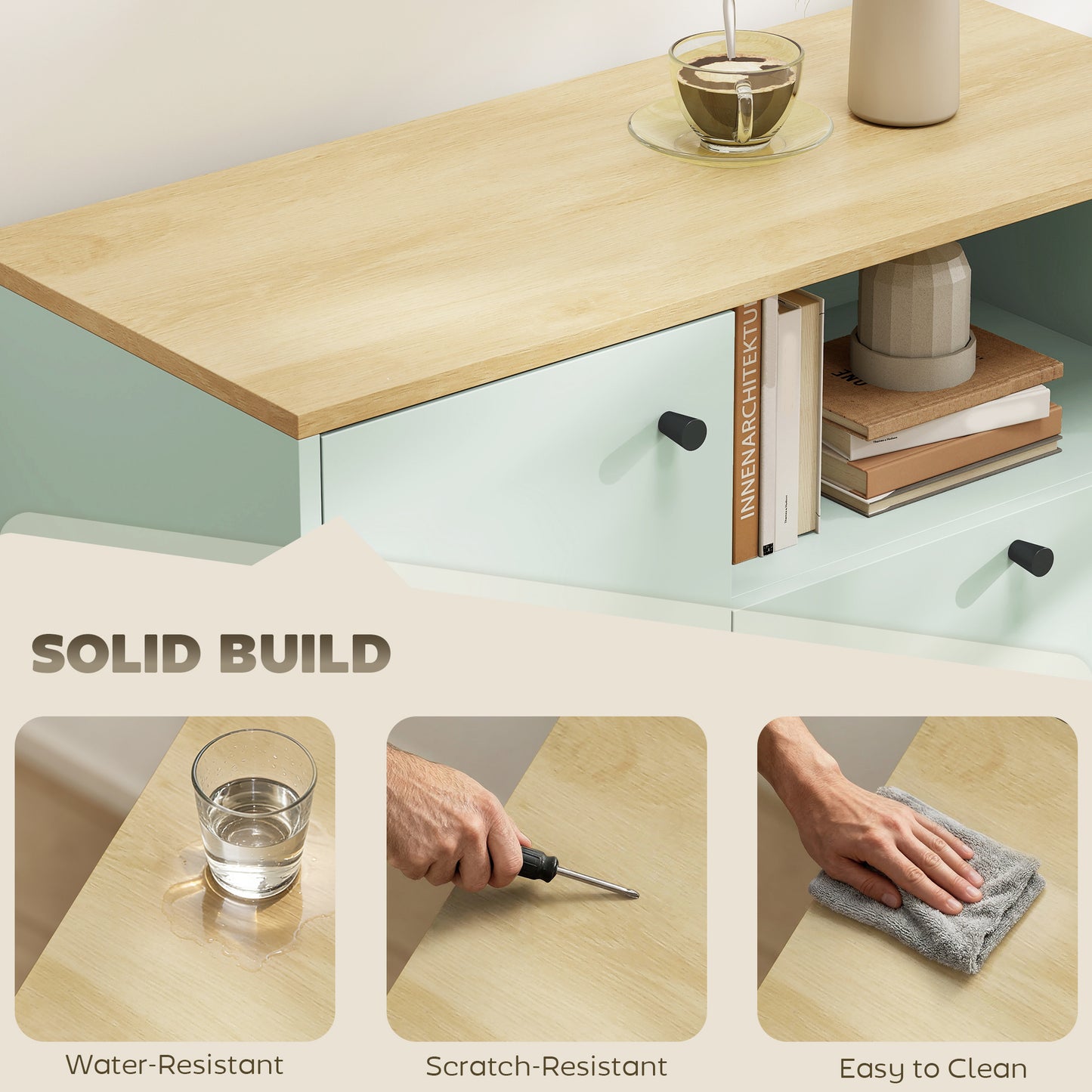 HOMCOM Light Green And Oak Sideboard Storage Cabinet 80 Cm Buffet With 2 Drawers Open Compartment Adjustable Shelf
