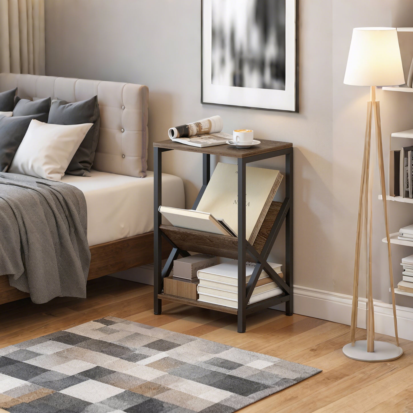 HOMCOM Narrow Side Table With 3 Tier Storage V Shaped Magazine Holder Oak Wood Effect Finish And Black Steel Frame