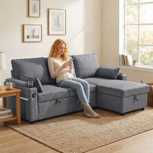 HOMCOM Corner Sofa Bed L Shaped Sleeper Sectional With Reversible Storage Chaise Pocket Springs Grey