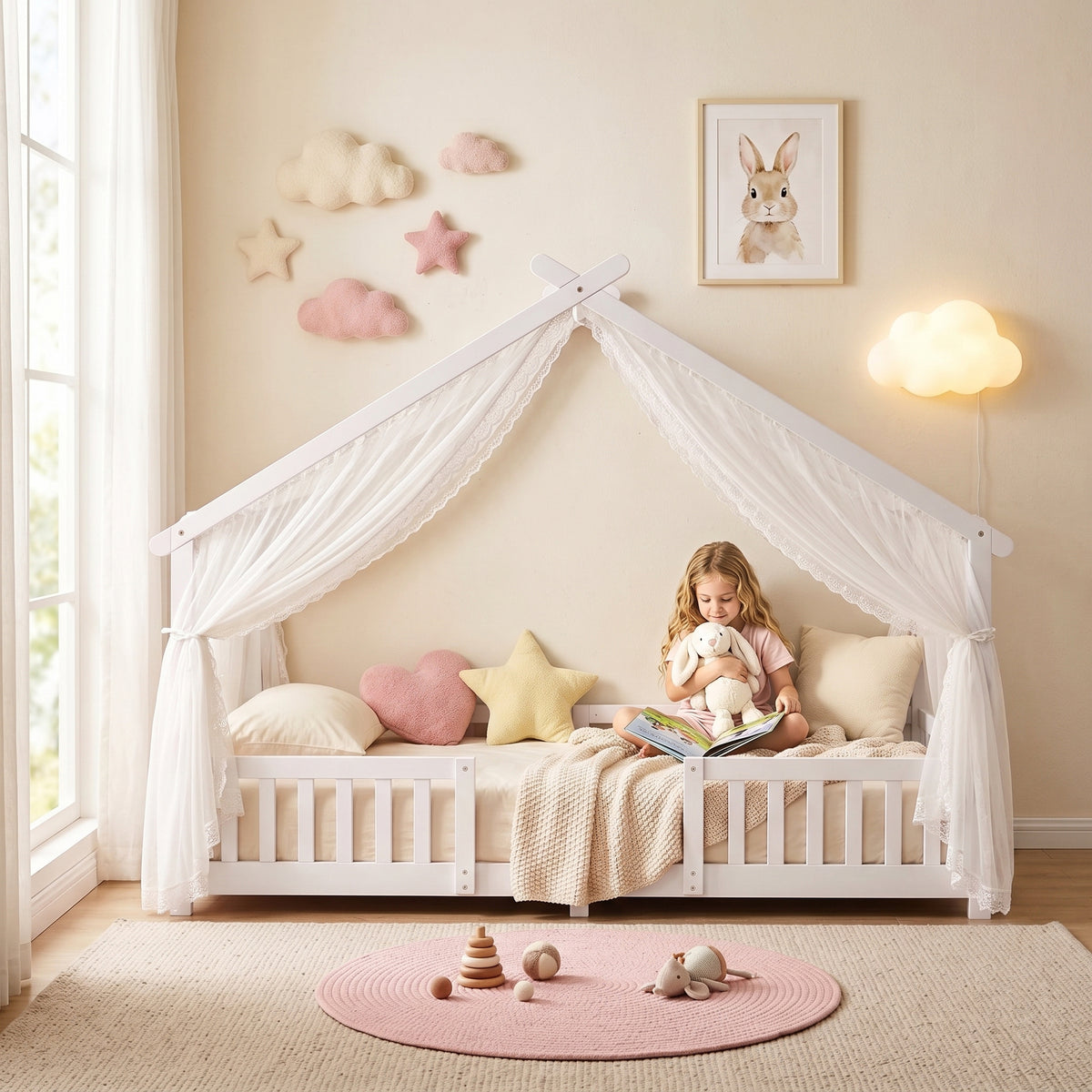AIYAPLAY Solid Pine Wooden House Bed Frame for Kids with Dual Guardrails White