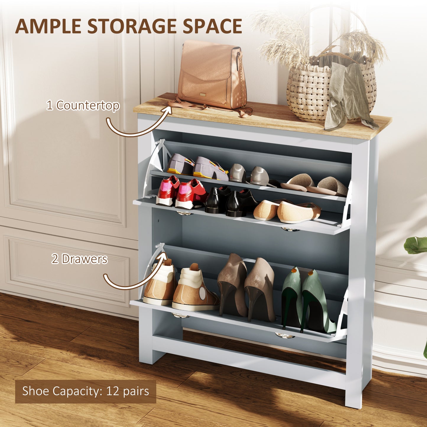 HOMCOM 2 Drawer Shoe Cabinet Narrow Modern Hallway Shoe Storage Cupboard With Flip Doors And Adjustable Shelves Grey